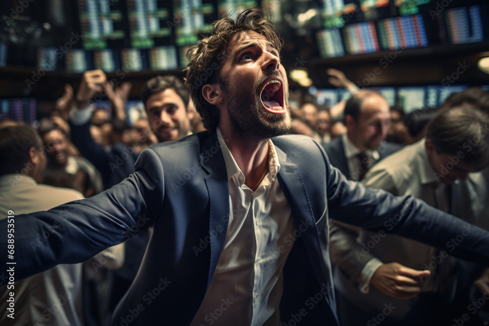 high-energy, dynamic shot of a trader in the midst of the bustling activity on the floor of a stock exchange