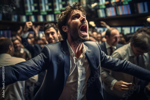 high-energy, dynamic shot of a trader in the midst of the bustling activity on the floor of a stock exchange