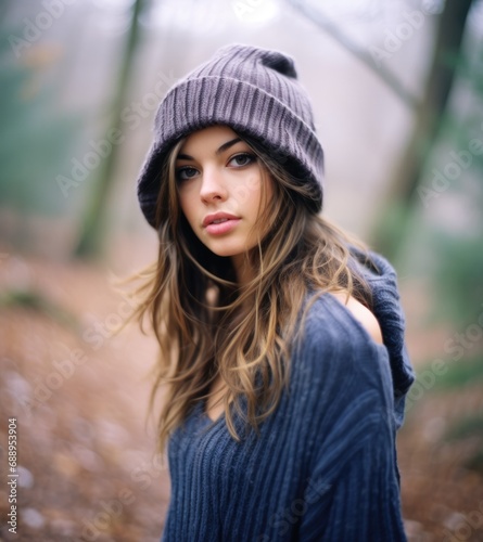A young woman in a hat and sweater enjoying the serene beauty of the woods. Generative AI.