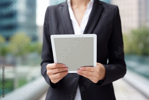 Photo of a businesswoman's hand holding a plain tablet. Generative AI