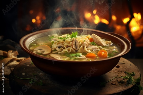 Photo of a rustic and hearty bowl of homemade chicken noodle soup with aromatic steam rising." These prompts are designed to help you create ultra-realistic food photography. Generative AI