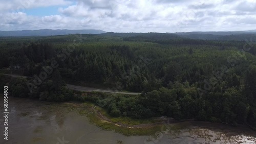 Aerial View of Highway Through a Forest Along the Southern Pacific Coast of Washington State photo