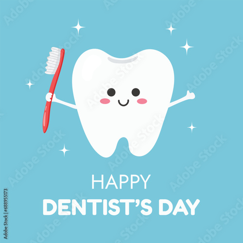 Happy Dentist's day. Greeting card with cute tooth. Vector illustration