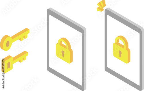 カギでロックされたタブレット端末のアイソメトリックイラスト2
