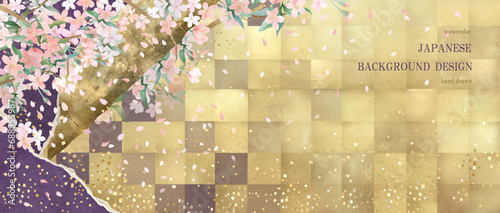 桜, 背景, 水彩, フレーム, 春, 桜吹雪, 和, 花, 花びら, 和柄, 金箔, ゴールド, 金色, ベクター, イラスト