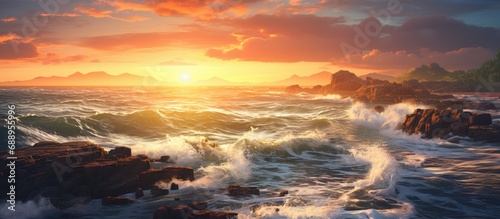 Waves pounding rocks at sunset