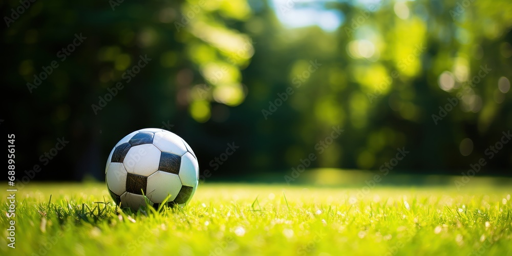 Soccer ball on a green field, ready for a game.