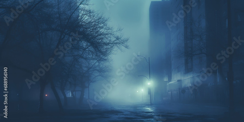 A hazy city scene in the morning, filled with fog. © rorozoa