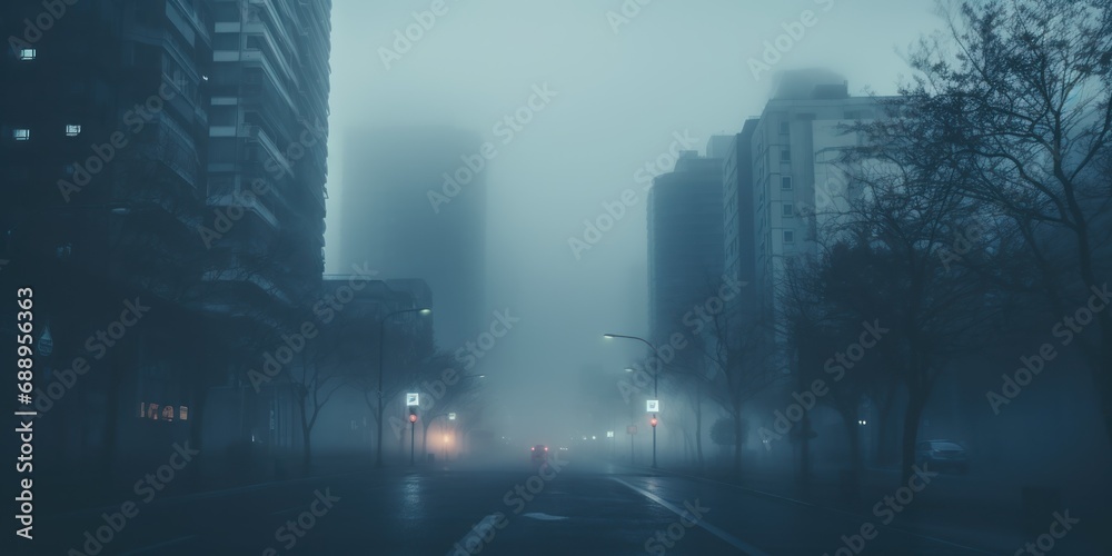 A foggy street with the outlines of people and cars. - obrazy, fototapety, plakaty 