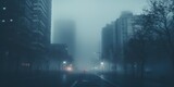 A foggy street with the outlines of people and cars.