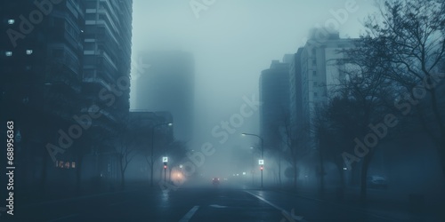 A foggy street with the outlines of people and cars.