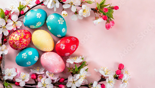 Easter eggs, colourfully decorated eggs for easter with flowers. Happy Easter Concept photo