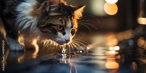 A house cat drinks from a unique water dispenser.