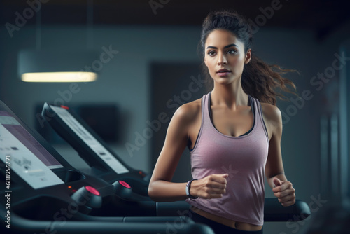 A healthy Indian ethnic young woman doing workout in a gym