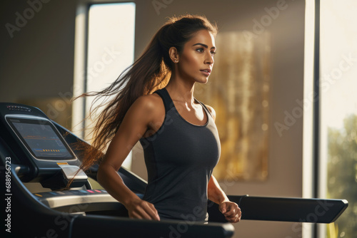 A healthy Indian ethnic young woman doing workout in a gym photo