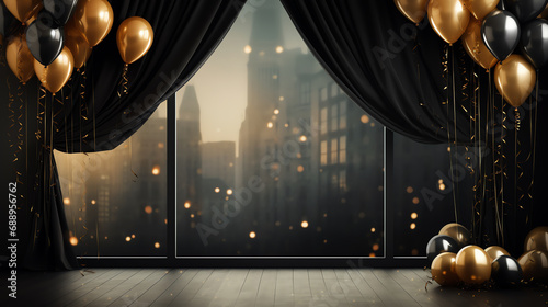 Celebrate event with black curtain and golden balloons background, happy new year and party