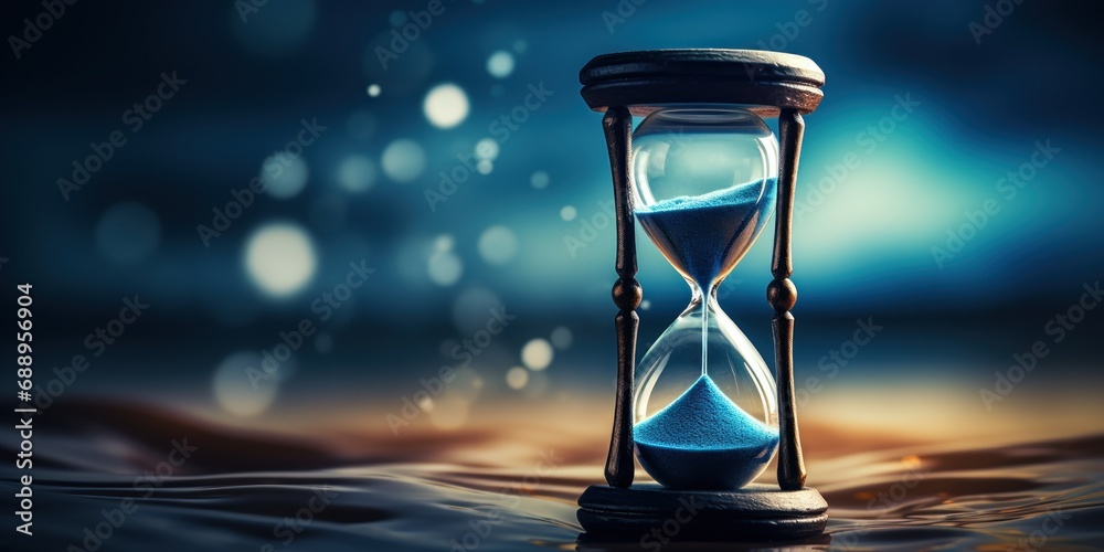 A black sand hourglass against a blue background, symbolizing time passing - obrazy, fototapety, plakaty 