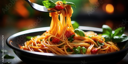 A fork twirling steaming spaghetti with bright red sauce and fresh basil. photo