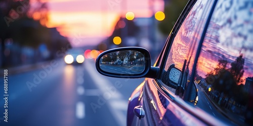 A car mirror showing the blurred city traffic at evening.