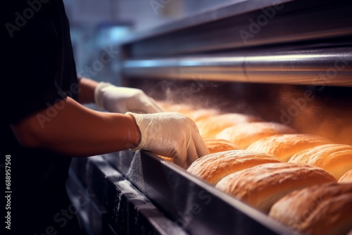 A worker in a bakery puts bread in the oven. Bread production enterprise. Bakery. Close-up.