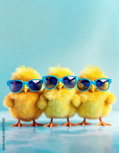 Cute spring baby chicks wearing cool sunglasses