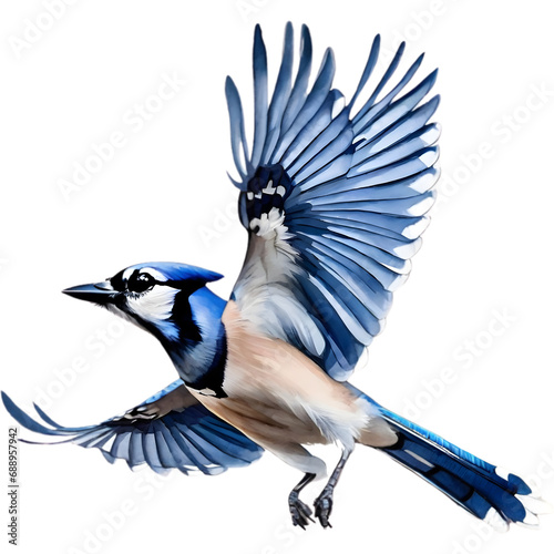 A close-up painting of a blue jay flying in the air with beautiful postures. 