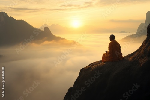 silhouette of a monk  meditation on the top of the mountain