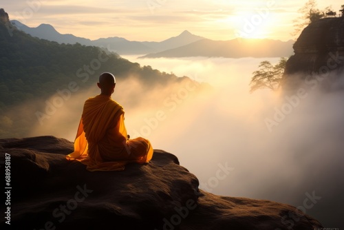 monk is meditating on the mountain at morning