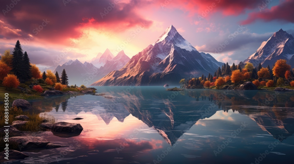 A Tranquil Sunrise: Majestic Mountains and Reflective Lake in Nature's Palette