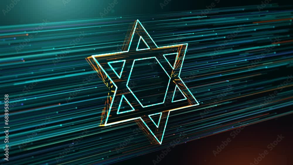 Futuristic Greenish Blue Orange Blurry Focus Star Of David 3D Perspective Judaism Symbol Reveal, With Dotted Lines Particle Breeze Effect And Glitter Dust Light Flare, Seamless Loop