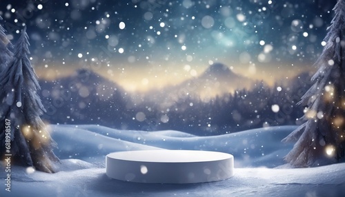 Frosty Display: White Round Podium Mockup in Snowfall Scene © sajjad farooq baloch