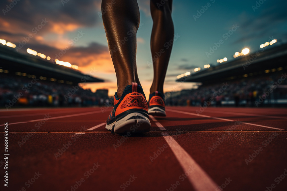 Sprinter on track, getting ready to run, with stadium background, sports and healthy lifestyle concept - obrazy, fototapety, plakaty 