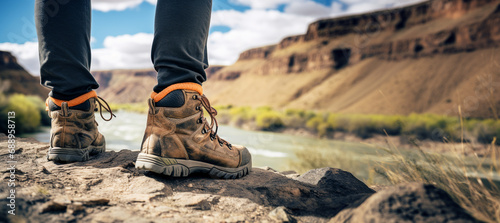 Close up legs of a hiker, with mountain landscape, hiking and trekking adventure concept