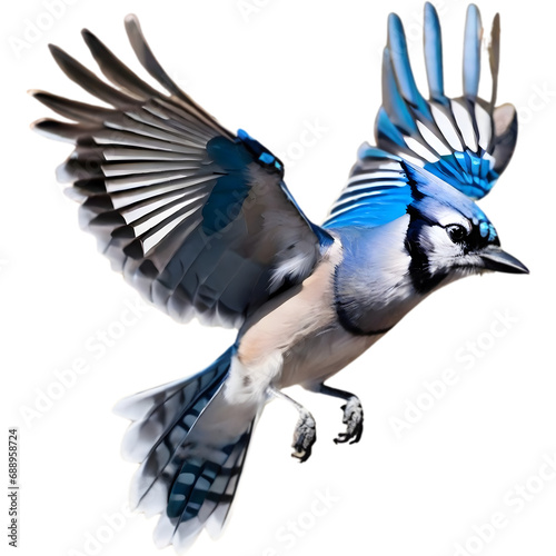 A close-up painting of a blue jay flying in the air with beautiful postures. 