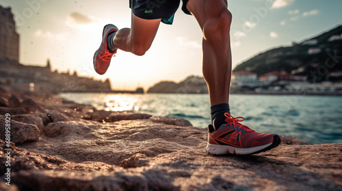 Close up legs of a runner, running by the beach, healthy lifestyle concept