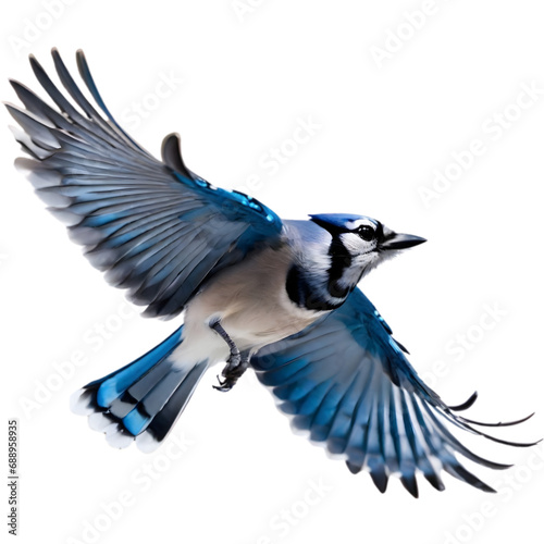 A close-up painting of a blue jay flying in the air with beautiful postures.  photo
