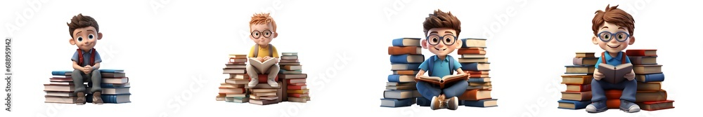 Sitting preschooler with books ready for school 3D rendering isolated on white background. Generative AI. Sitting preschooler with books ready for school 3D rendering isolated on white background. Generative AI.