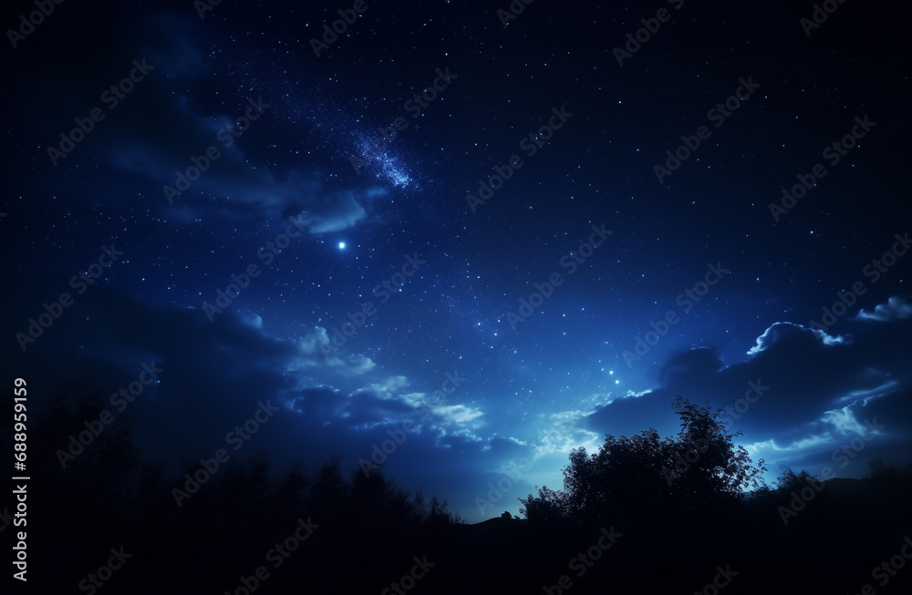 A beautiful clean dark blue night sky with stars and clouds above field of trees. evening sky, night view. illuminated moon. Dark black night. cosmos background.