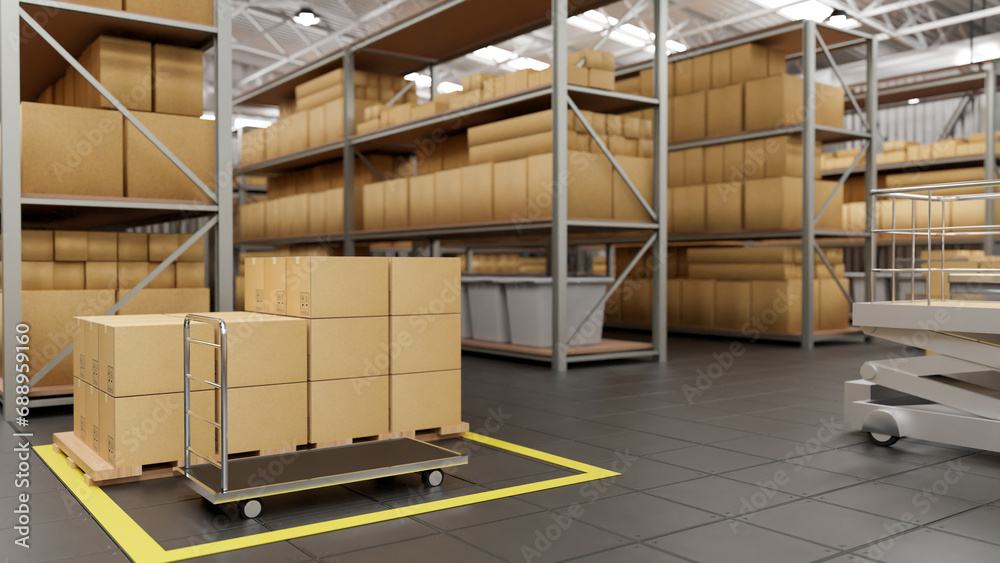 A modern warehouse with row of shelves with cardboard boxes. shipping factory, cargo freight A modern warehouse with row of shelves with cardboard boxes. shipping factory, cargo freight