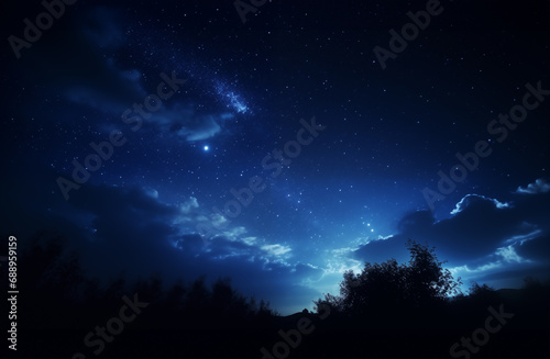 A beautiful clean dark blue night sky with stars and clouds above field of trees. evening sky, night view. illuminated moon. Dark black night. cosmos background. © Amby's Art