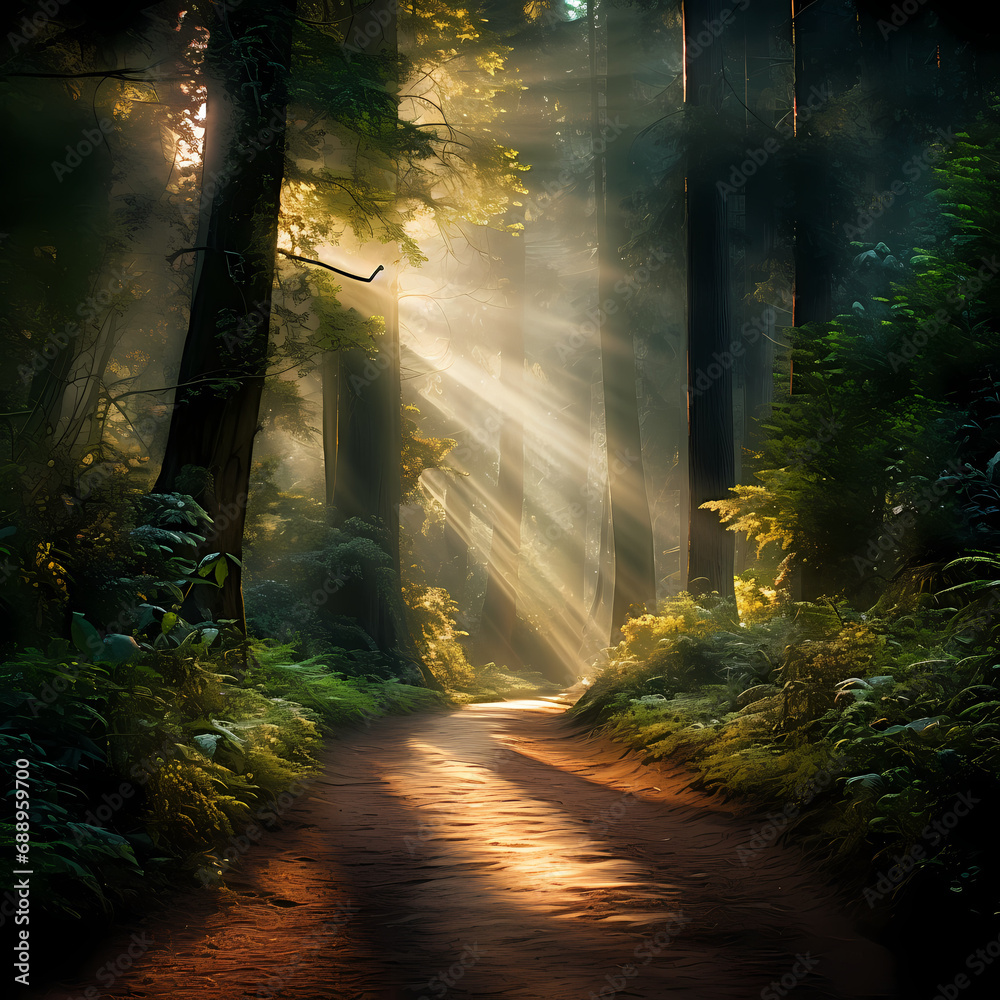 A sunlit forest path with rays filtering through the trees.