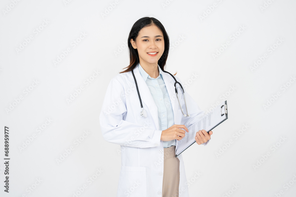 Asian female doctor woman in white medical gown hold clipboard isolated on white background. Asian female doctor woman in white medical gown hold clipboard isolated on white background.