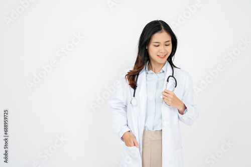 Confident female doctor  intern with stethoscope  looking confident at camera  white background