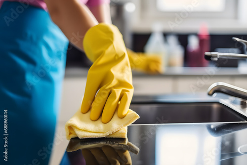 Close up of woman's hand in yellow gloves cleaning kitchen with rug