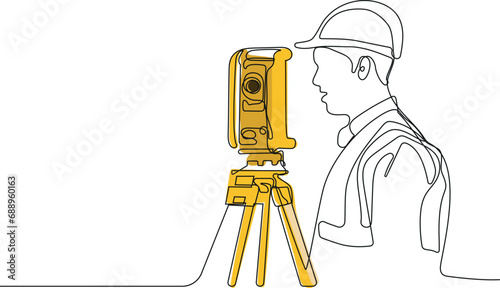 Surveyor with a tripod icon. Geodesic tripod. Close up of Caucasian worker with helmet on head using tablet for work while standing in warehouse. Surveyor with a tripod icon. Geodesic tripod. Vector i