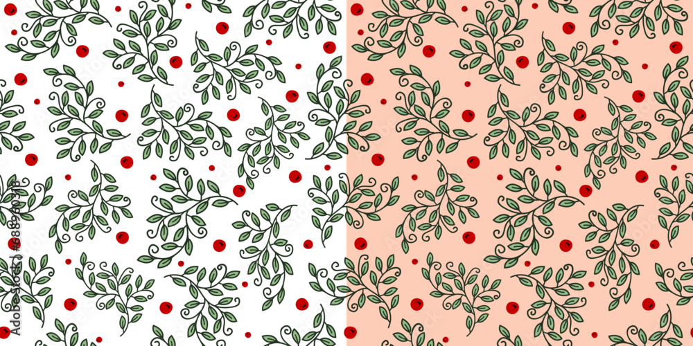 Leaves and berries seamless pattern, floral background