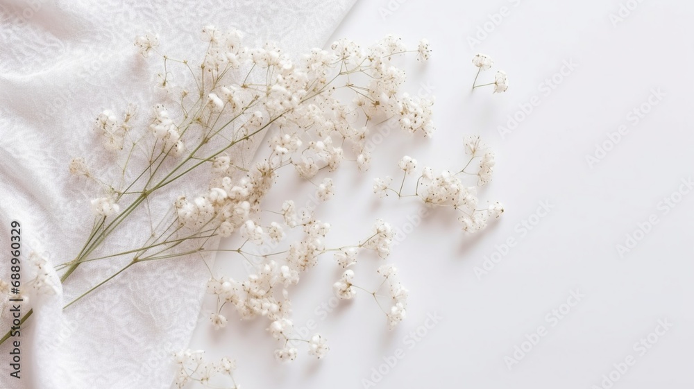 baby's breath on white fabric background for copy space, wedding card, template, design etc. Generative AI baby's breath on white fabric background for copy space, wedding card, template, design etc. Generative AI