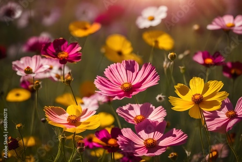 Orange, pink, and yellow, Full-blown cosmo blooms in a bright field © Stone Shoaib
