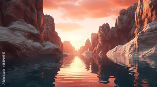 3D render futuristic landscape with cliffs and water. Generative AI © Petruk