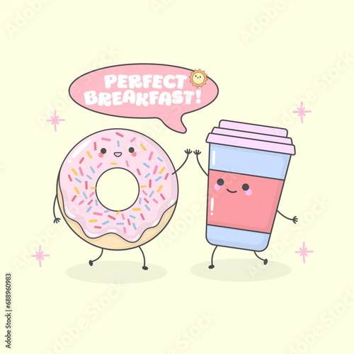 Vector Perfect Breakfast Doughnut Coffee Sun with cute facial expressions and pastel colour